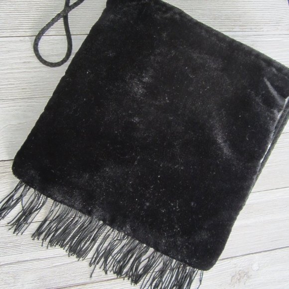 Black Velvet with Embroidery Small Shoulder Bag with Black Fringe - Picture 4 of 5